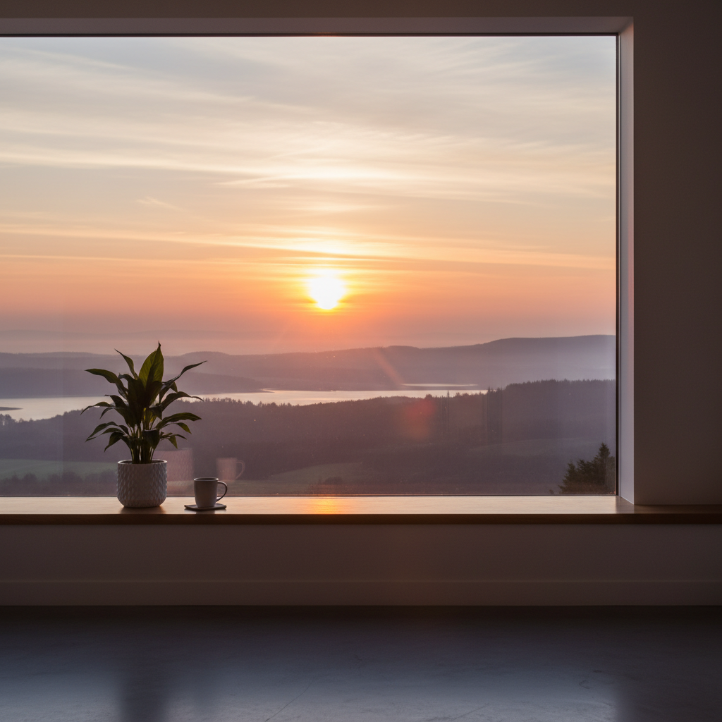 A serene sunrise viewed through a window, symbolizing the start of a new daily routine and energy.