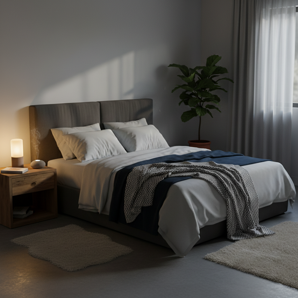 A peaceful, dimly lit bedroom scene with a comfortable bed, representing the importance of quality sleep.