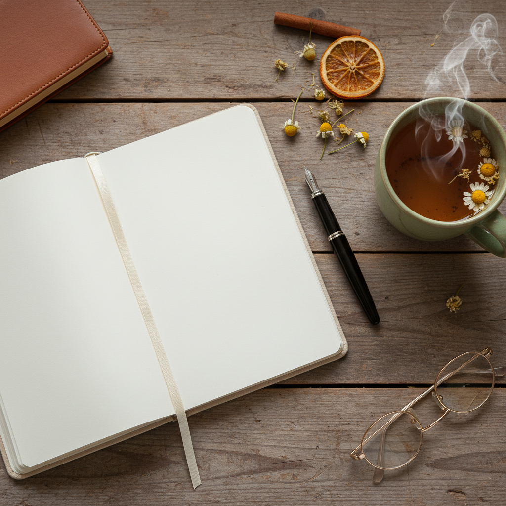 A notebook, pen, and herbal tea on a rustic surface, inviting thoughtful exploration of blog content.