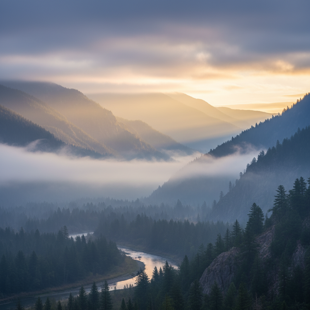 A tranquil, misty mountain landscape at dawn, symbolizing peace and new beginnings.