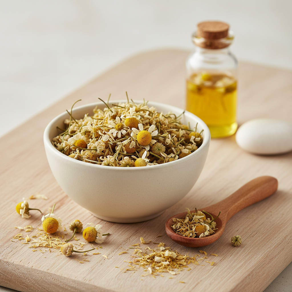 Dried chamomile flowers in a small bowl, representing calming natural ingredients for skin.